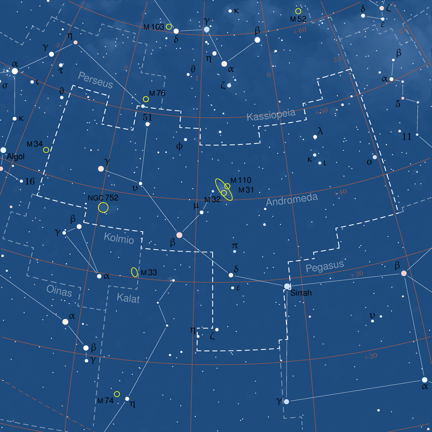 Mappa della costellazione di Andromeda con la posizione della galassia M31